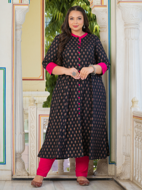 Fashion Plus Store Gold printed Black Anarkali kurta