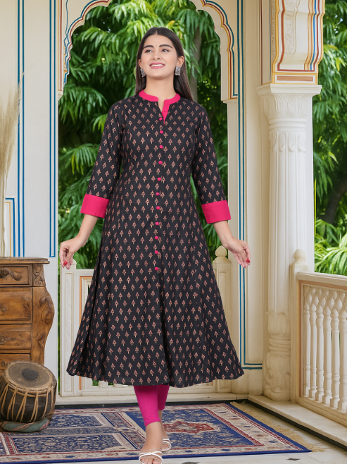 Fashion Plus Store Gold printed Black Anarkali kurta