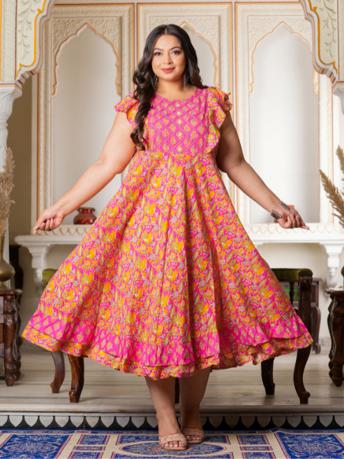 Fashion Plus Store Women's Floral Printed Embroidered Anarkali Kurti