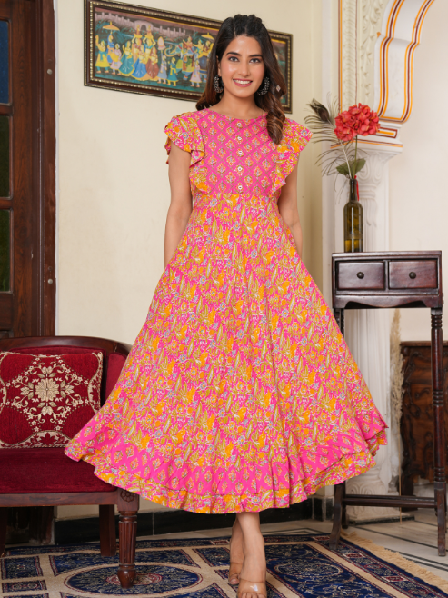 Fashion Plus Store Women's Floral Printed Embroidered Anarkali Kurti