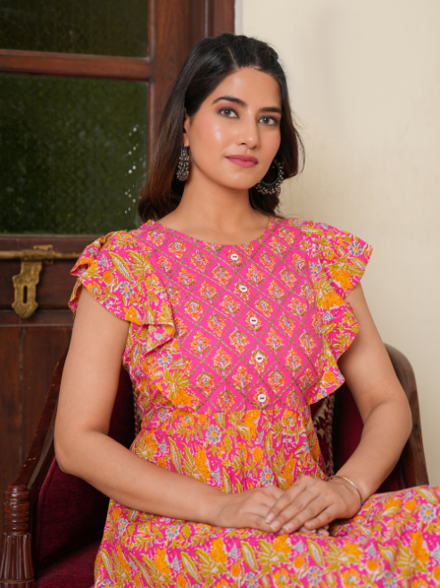 Fashion Plus Store Women's Floral Printed Embroidered Anarkali Kurti