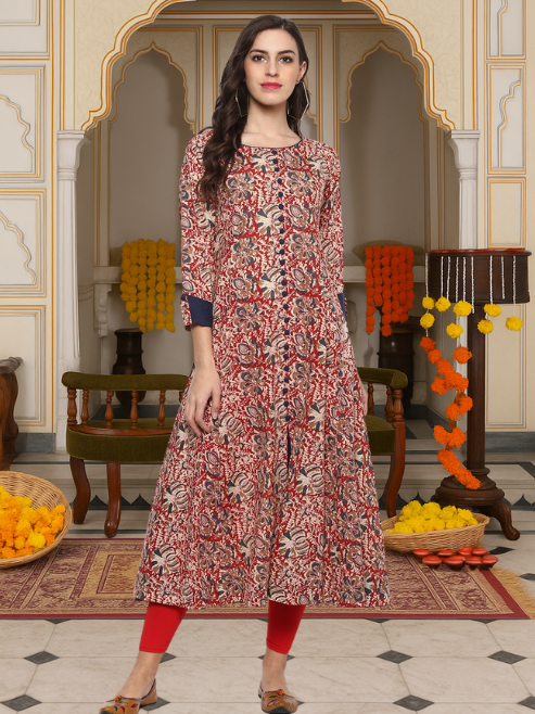 Festive & Party Floral Print Kurti (red)