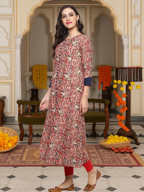 Festive & Party Floral Print Kurti (red)