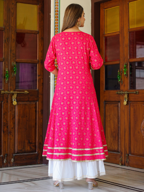 Fashion Plus Store Gold printed Pink Anarakali Kurta