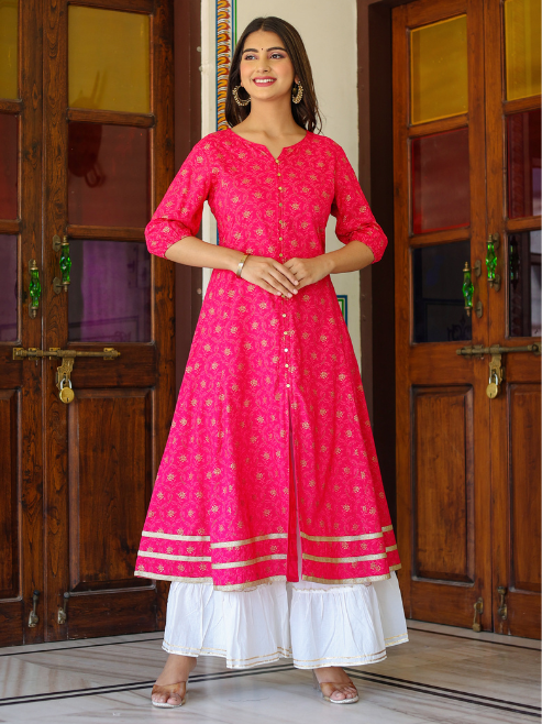 Fashion Plus Store Gold printed Pink Anarakali Kurta