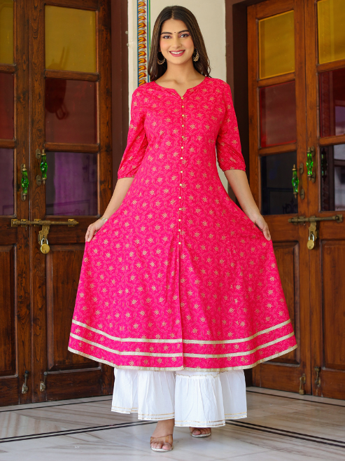 Fashion Plus Store Gold printed Pink Anarakali Kurta