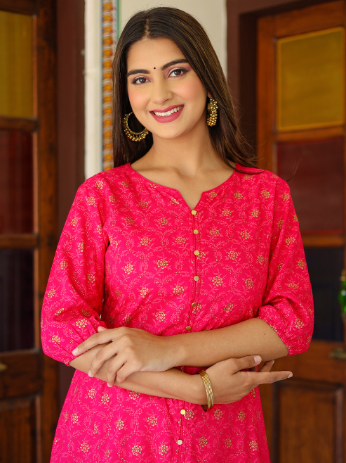 Fashion Plus Store Gold printed Pink Anarakali Kurta