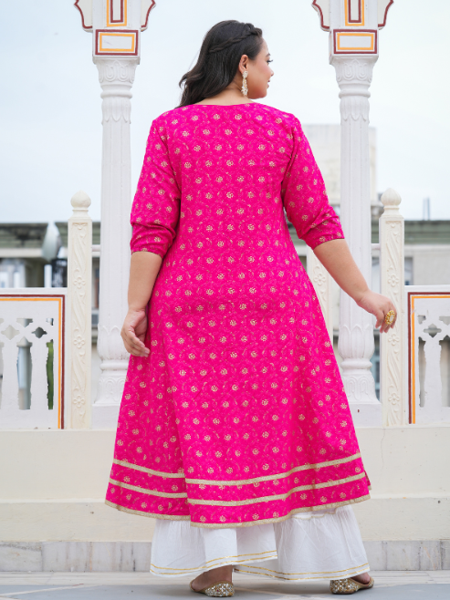 Fashion Plus Store Gold printed Pink Anarakali Kurta