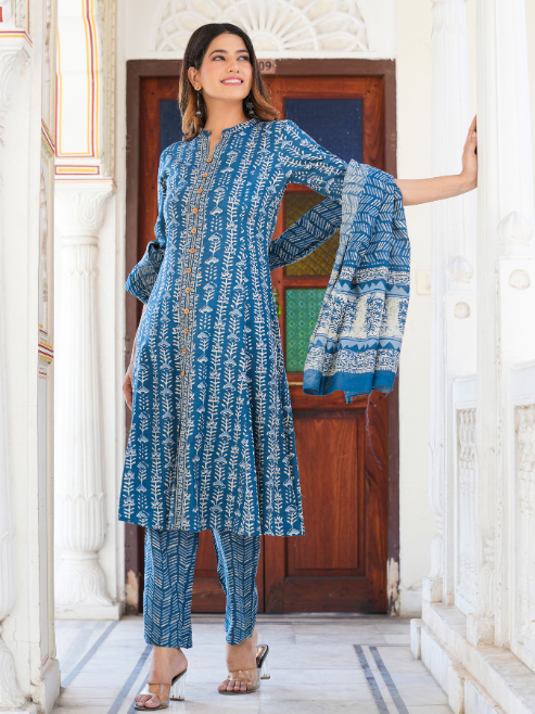 Fashion Plus Store Women's Blue Floral Printed Anarkali Kurta with Pant & Dupatta Set
