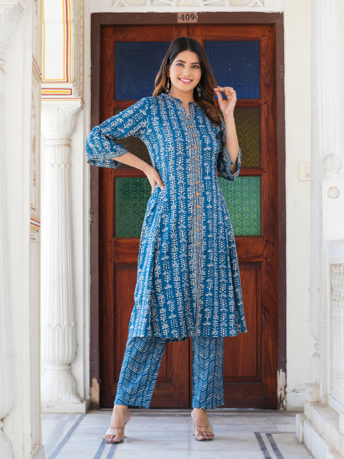 Fashion Plus Store Women's Blue Floral Printed Anarkali Kurta with Pant & Dupatta Set