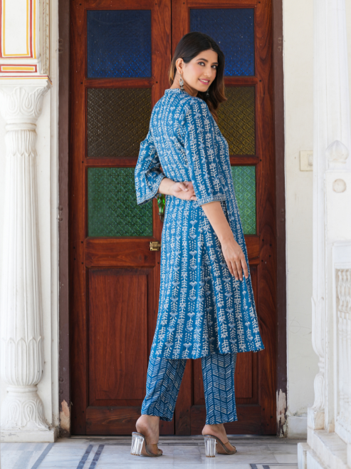 Fashion Plus Store Women's Blue Floral Printed Anarkali Kurta with Pant & Dupatta Set
