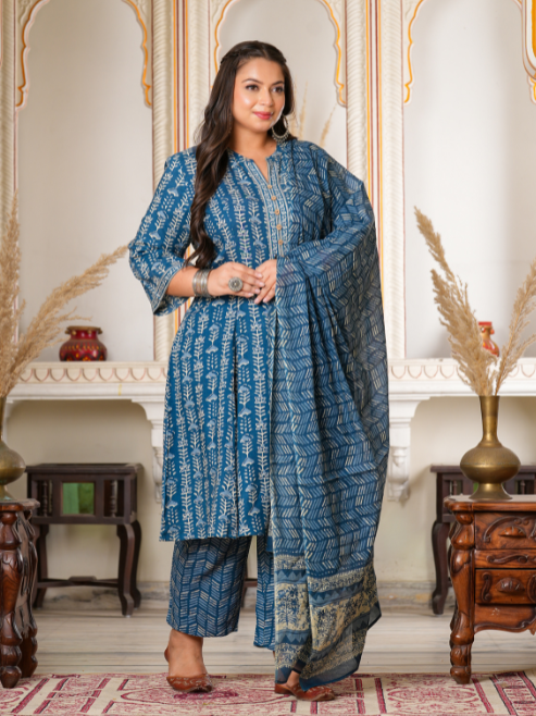 Fashion Plus Store Women's Blue Floral Printed Anarkali Kurta with Pant & Dupatta Set