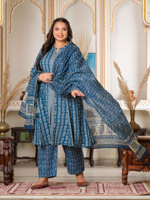 Fashion Plus Store Women's Blue Floral Printed Anarkali Kurta with Pant & Dupatta Set