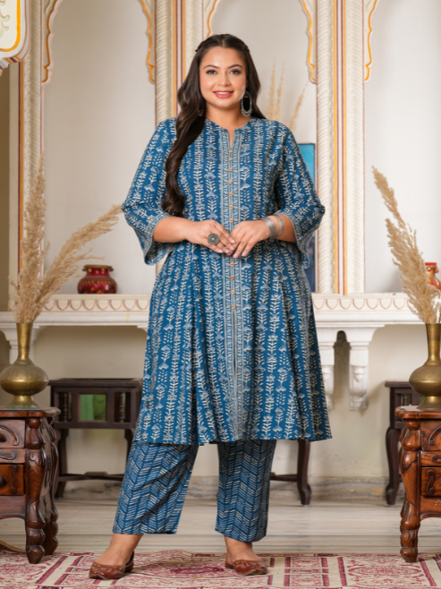 Fashion Plus Store Women's Blue Floral Printed Anarkali Kurta with Pant & Dupatta Set