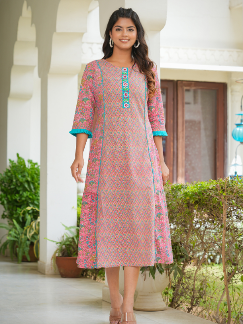 Fashion Plus Store Women's Embroidered Floral Printed A-line Kurta  (Pink)