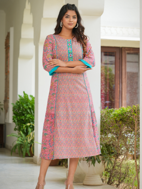 Fashion Plus Store Women's Embroidered Floral Printed A-line Kurta  (Pink)