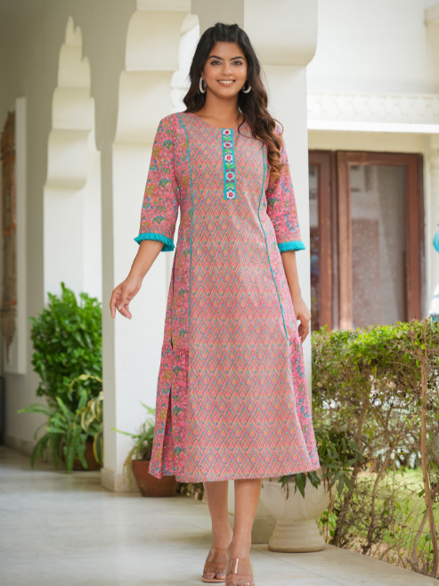 Fashion Plus Store Women's Embroidered Floral Printed A-line Kurta  (Pink)