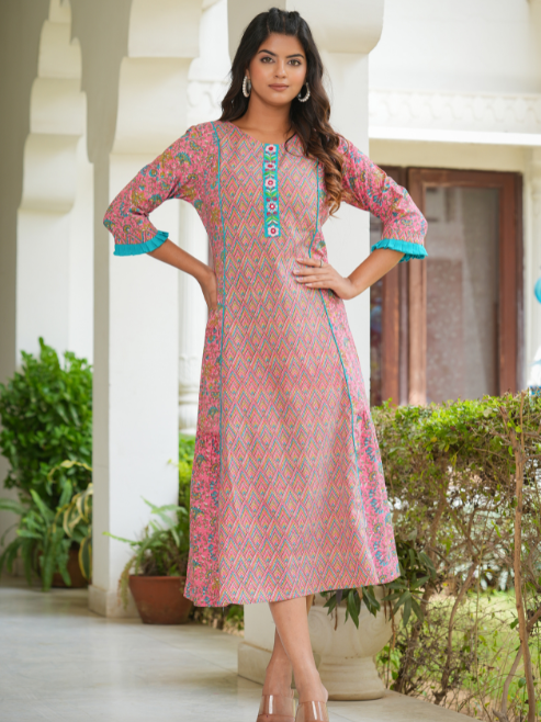 Fashion Plus Store Women's Embroidered Floral Printed A-line Kurta  (Pink)