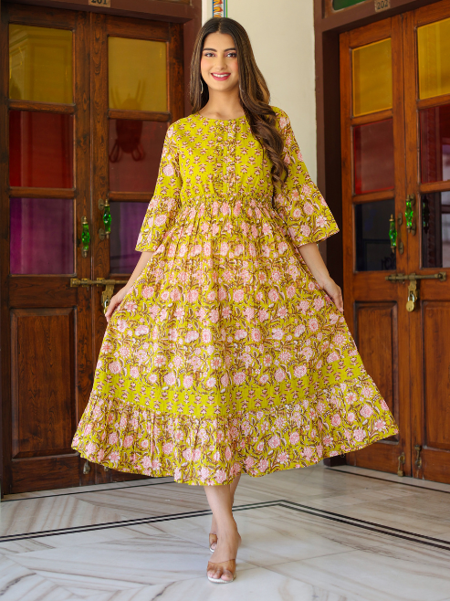Fashion Plus Store Women's Floral Printed Anarkali Dress (Green)