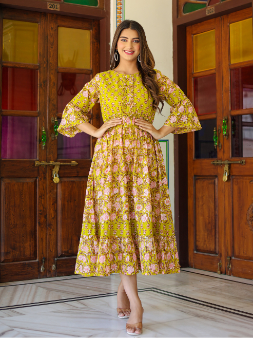 Fashion Plus Store Women's Floral Printed Anarkali Dress (Green)