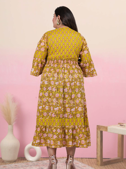 Fashion Plus Store Women's Floral Printed Anarkali Dress (Green)