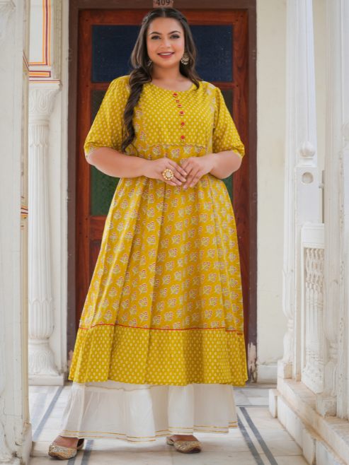 Fashion Plus Store Women's Mustard Floral Printed Anarkali Kurti