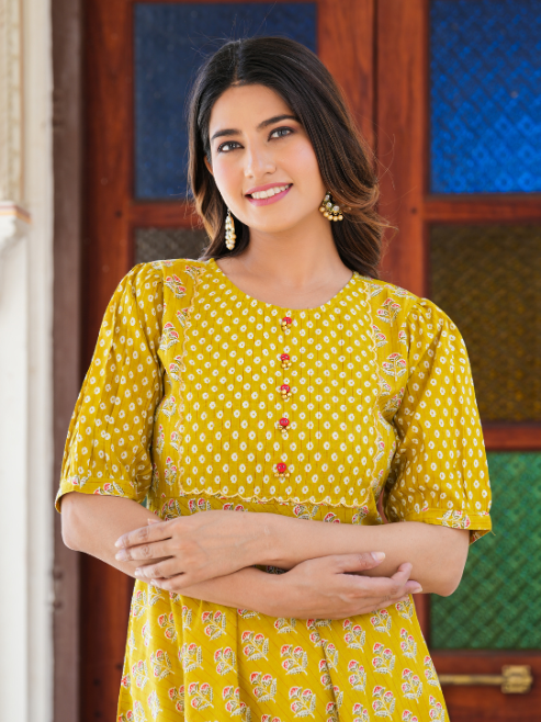 Fashion Plus Store Women's Mustard Floral Printed Anarkali Kurti