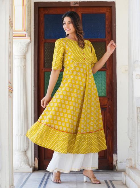 Fashion Plus Store Women's Mustard Floral Printed Anarkali Kurti