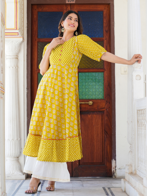 Fashion Plus Store Women's Mustard Floral Printed Anarkali Kurti