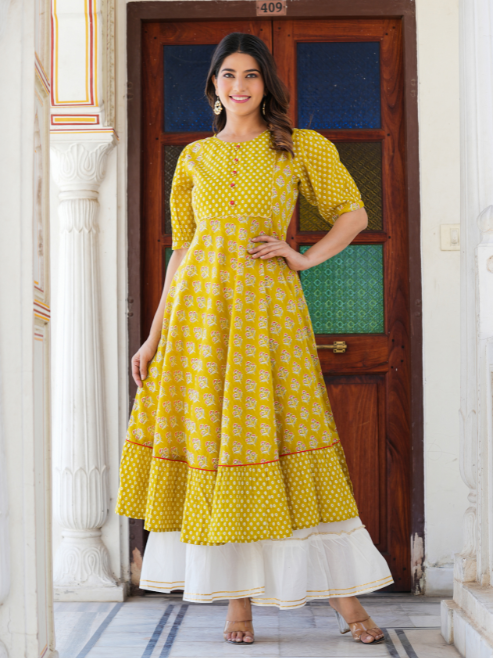 Fashion Plus Store Women's Mustard Floral Printed Anarkali Kurti