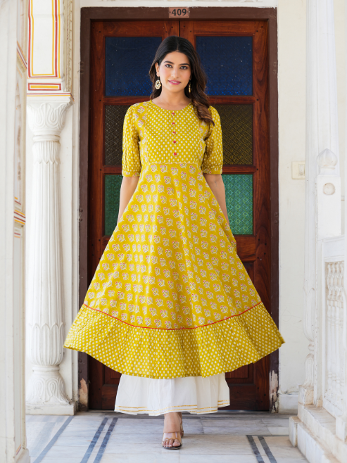 Fashion Plus Store Women's Mustard Floral Printed Anarkali Kurti