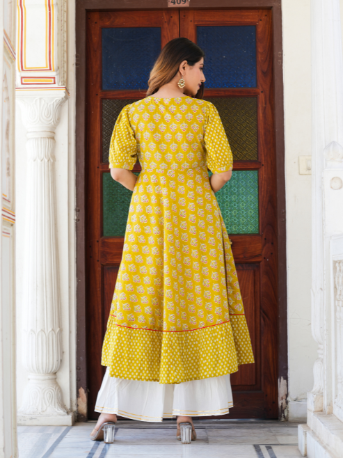 Fashion Plus Store Women's Mustard Floral Printed Anarkali Kurti