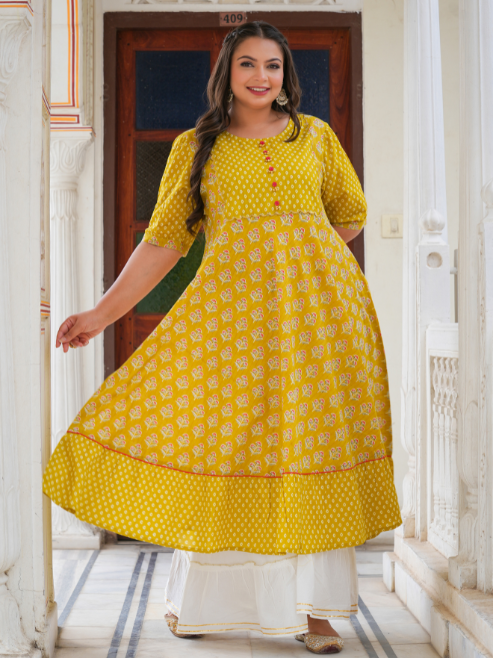 Fashion Plus Store Women's Mustard Floral Printed Anarkali Kurti