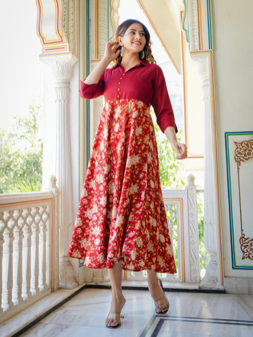 Fashion Plus Store Women's Floral Printed Anarkali Dress