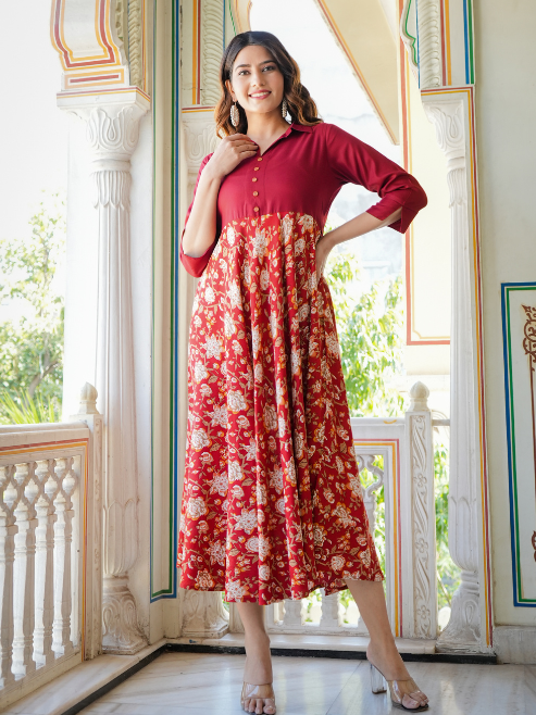 Fashion Plus Store Women's Floral Printed Anarkali Dress