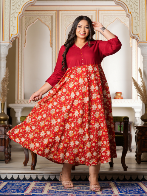 Fashion Plus Store Women's Floral Printed Anarkali Dress