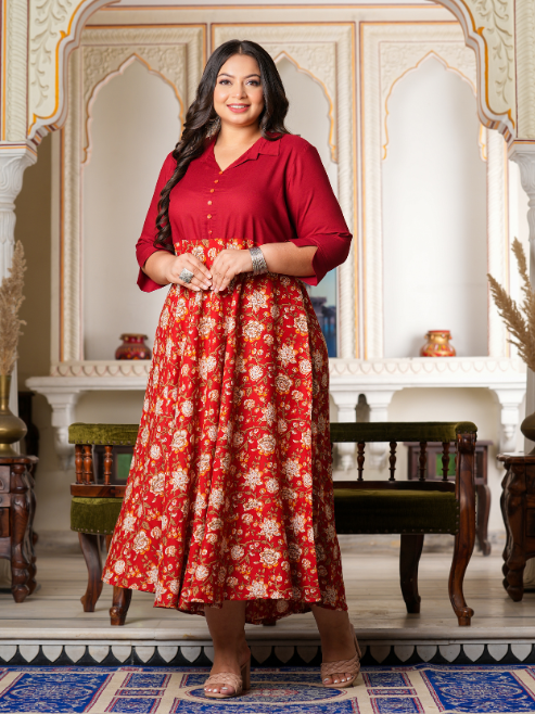 Fashion Plus Store Women's Floral Printed Anarkali Dress