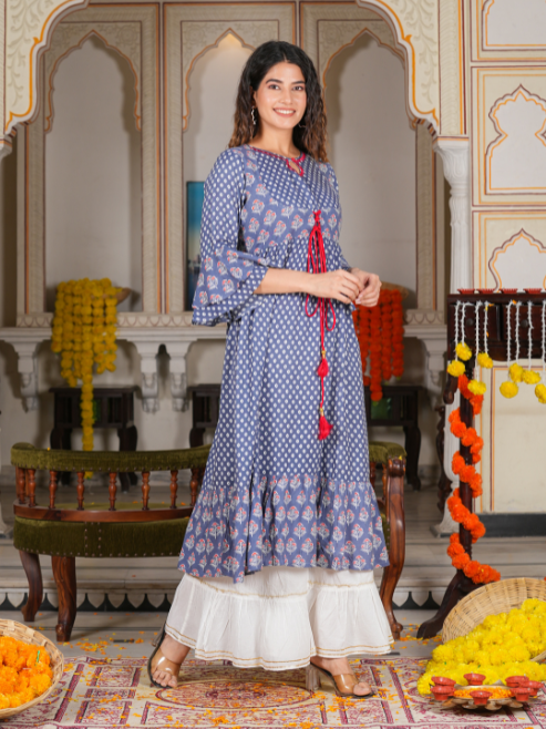 Fashion Plus Store Women's Grey Floral Printed Anarkali Kurti