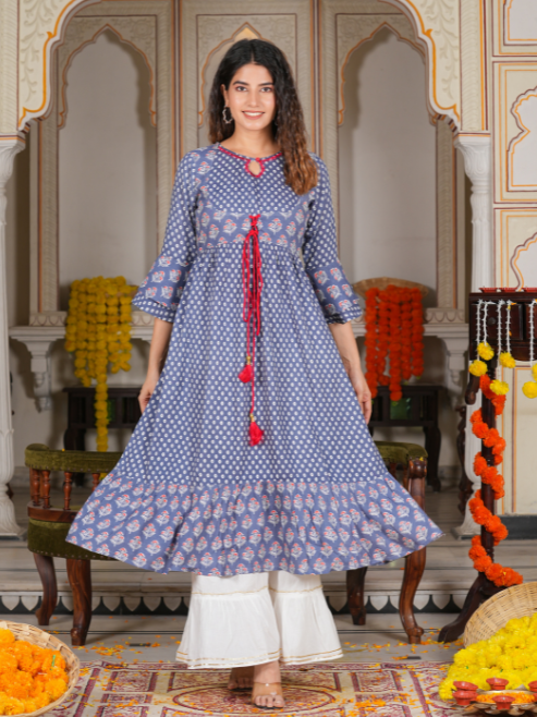 Fashion Plus Store Women's Grey Floral Printed Anarkali Kurti