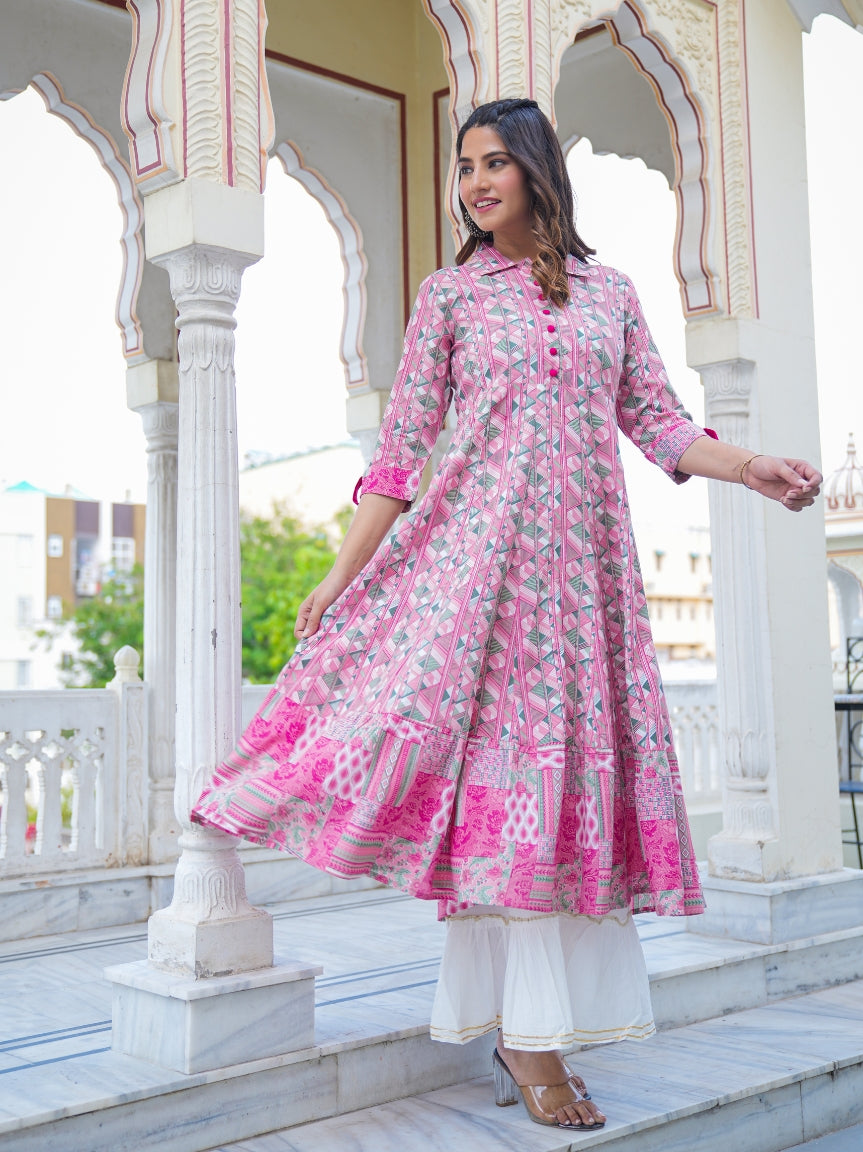 Fashion Plus Store Women's Geomatrical Printed Anarkali Kurti