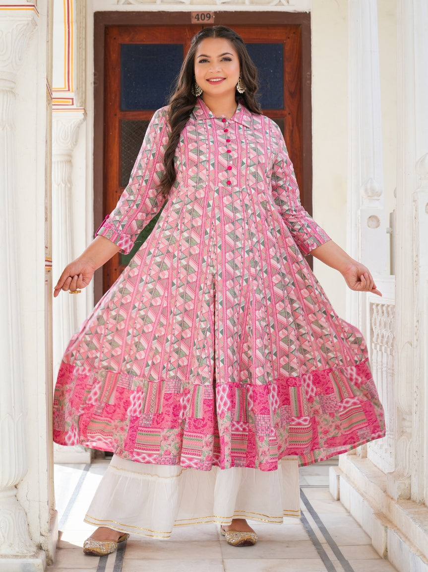Fashion Plus Store Women's Geomatrical Printed Anarkali Kurti