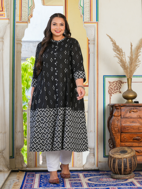 Fashion Plus Store Women's Cotton Ikat Print A-Line Kurta