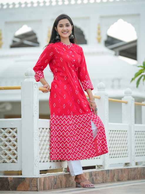 Fashion Plus Store Women's Cotton Ikat Print A-Line Kurta