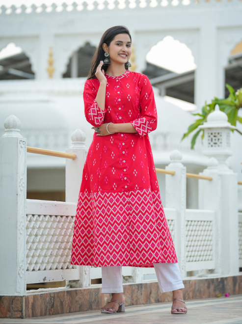 Fashion Plus Store Women's Cotton Ikat Print A-Line Kurta