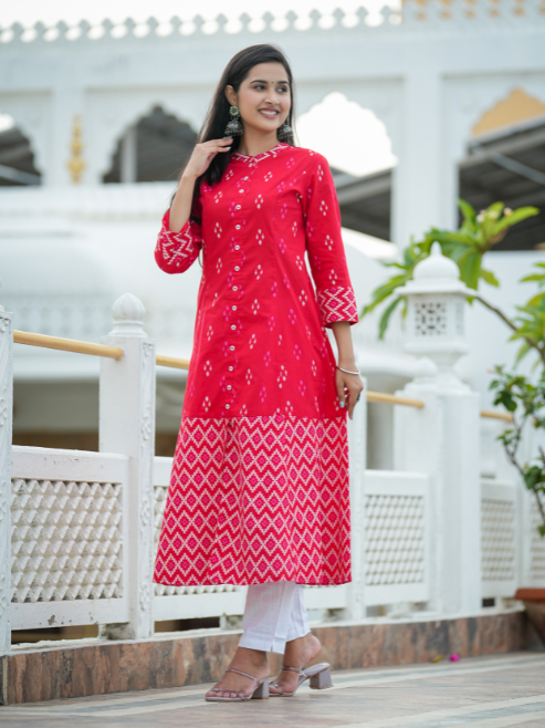 Fashion Plus Store Women's Cotton Ikat Print A-Line Kurta