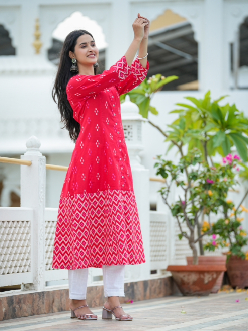 Fashion Plus Store Women's Cotton Ikat Print A-Line Kurta