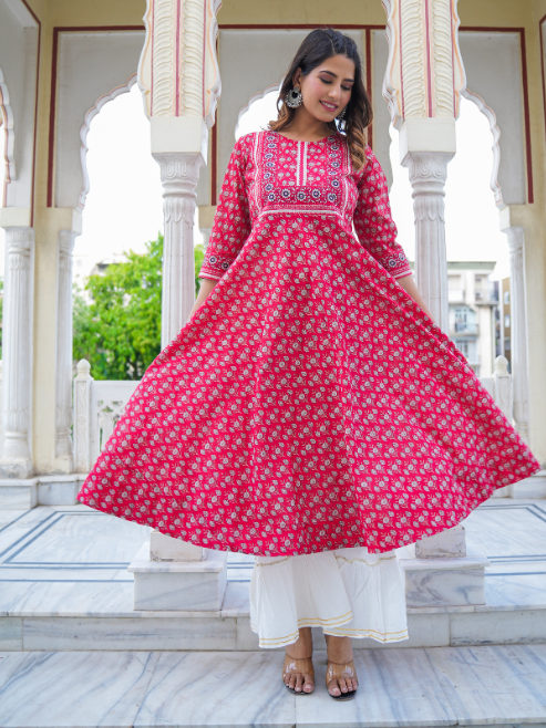 Cotton Floral Printed Anarkali Kurti