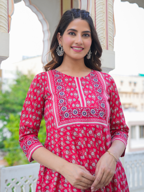 Cotton Floral Printed Anarkali Kurti