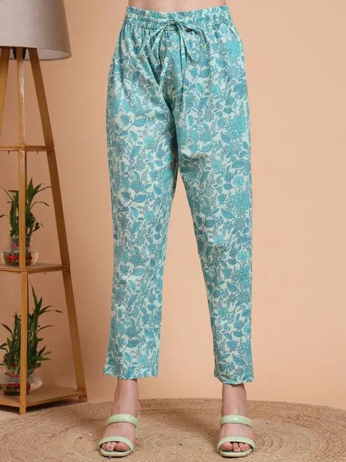 Fashion Plus Store Women's Green Cotton Dobby Printed Anarkali Kurta Set with Pant & Dupatta