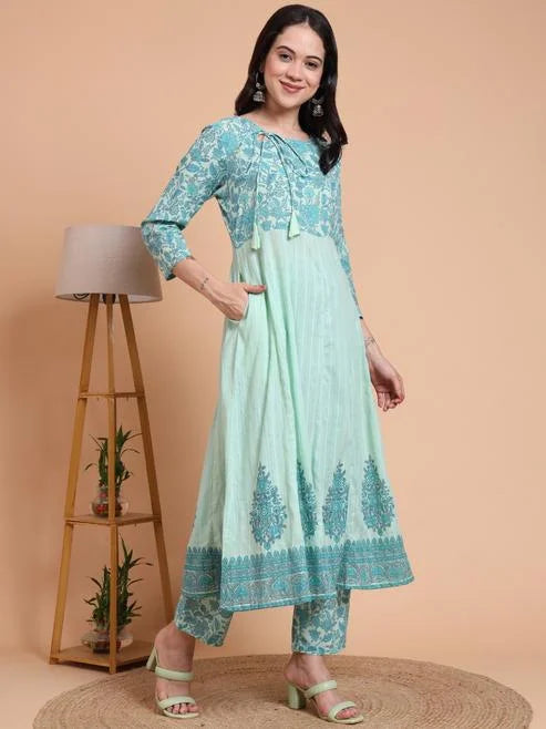 Fashion Plus Store Women's Green Cotton Dobby Printed Anarkali Kurta Set with Pant & Dupatta
